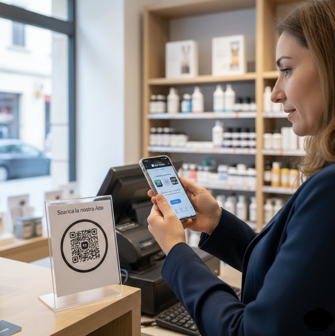Una cliente inquadra col telefono il codice QR sul bancone di un negozio