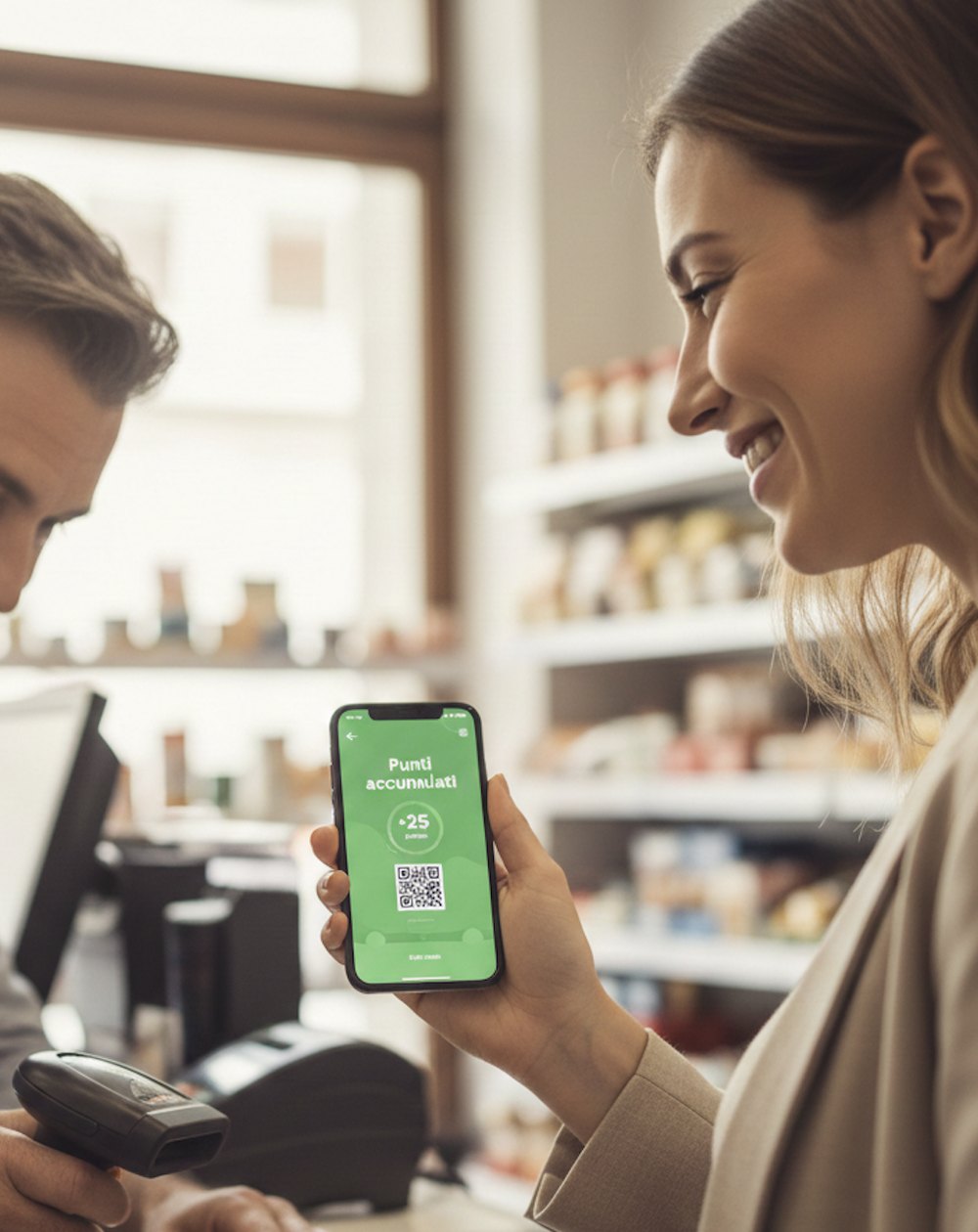 Una cliente mostra al negoziante i punti accumulati sul telefono